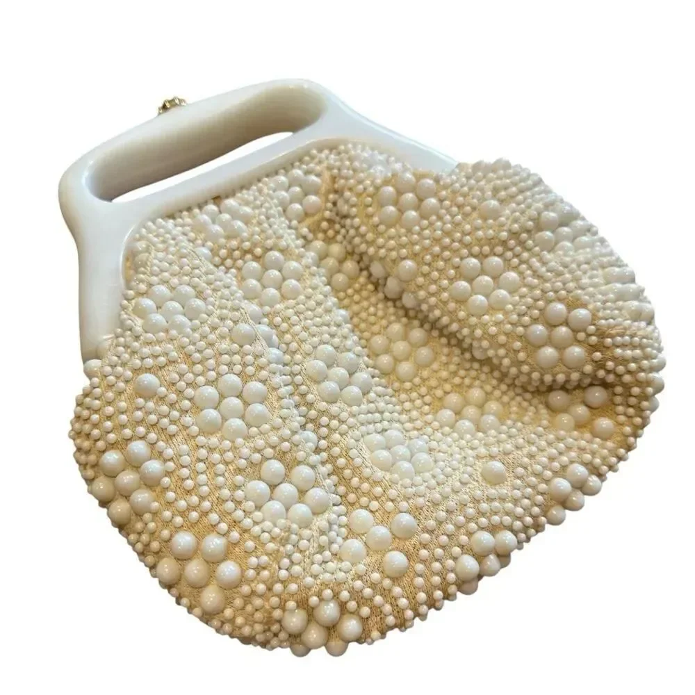 Vintage 1960s Elegant Beaded Cream Clutch with Gold Clasp